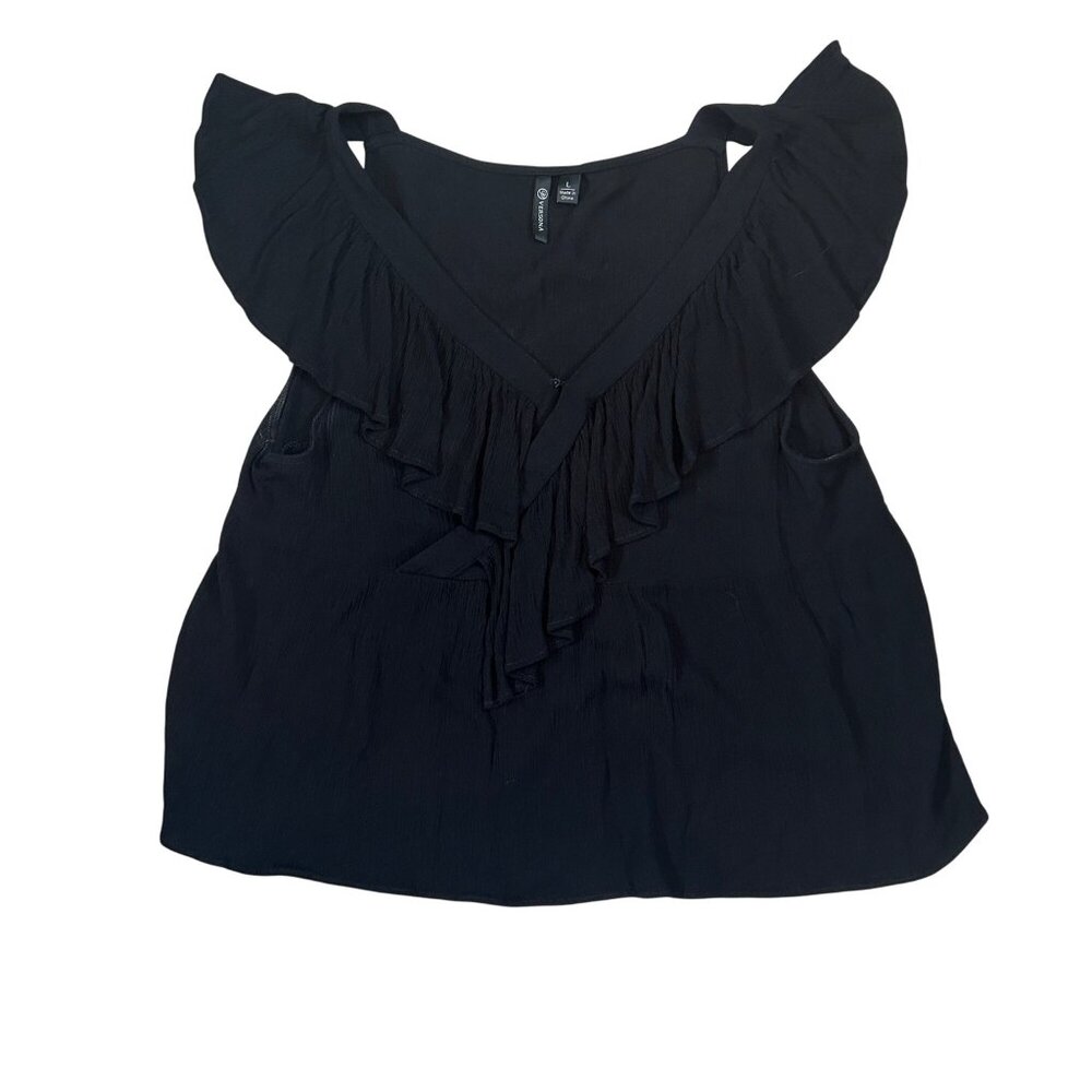 Versona Womens Black Ruffled V-Neck Blouse Large 1872